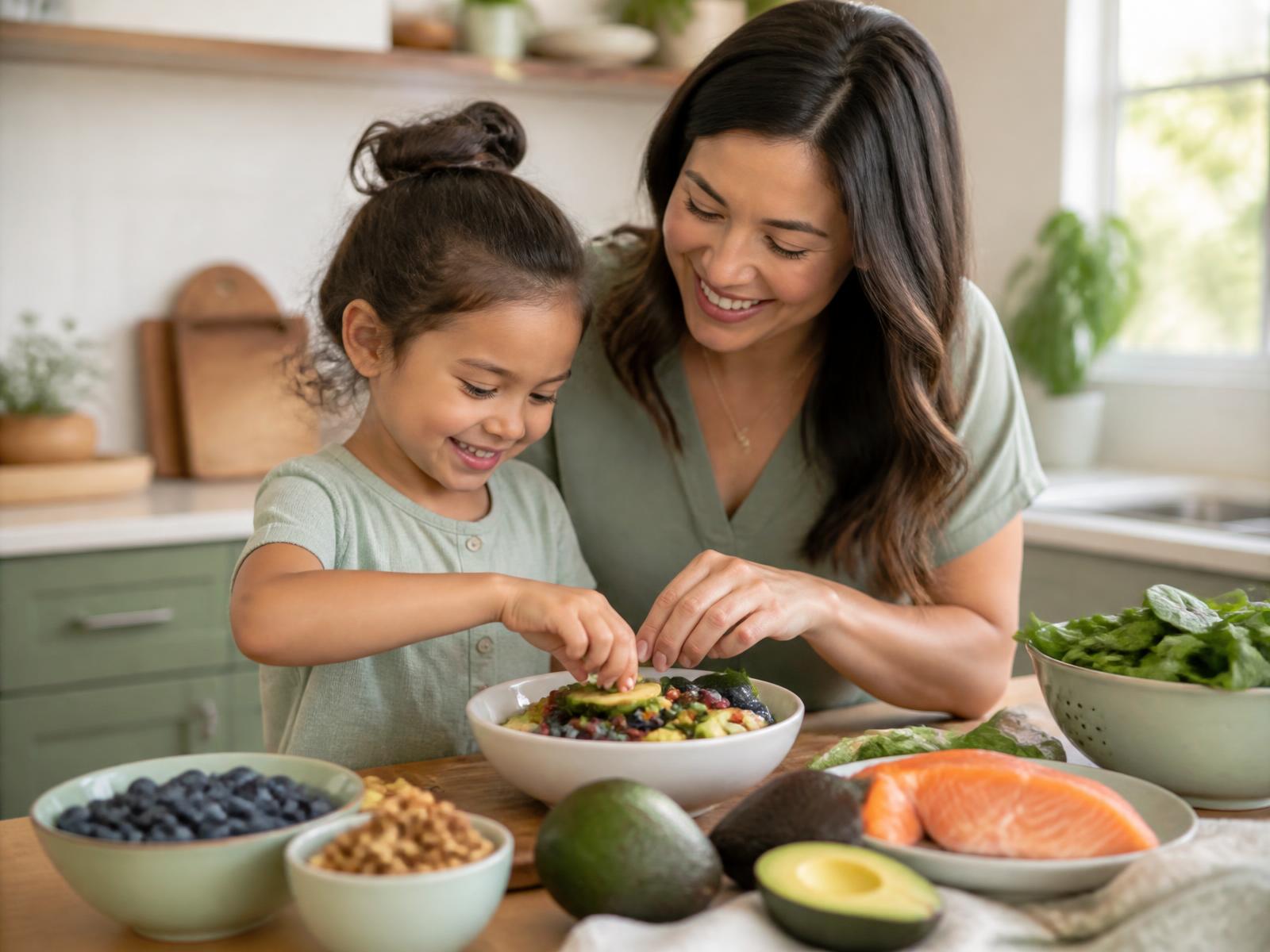 A parent and child preparing a colourful, brain-healthy meal together in a bright kitchen
